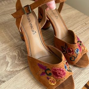 Embroidered Brown Suede Heels